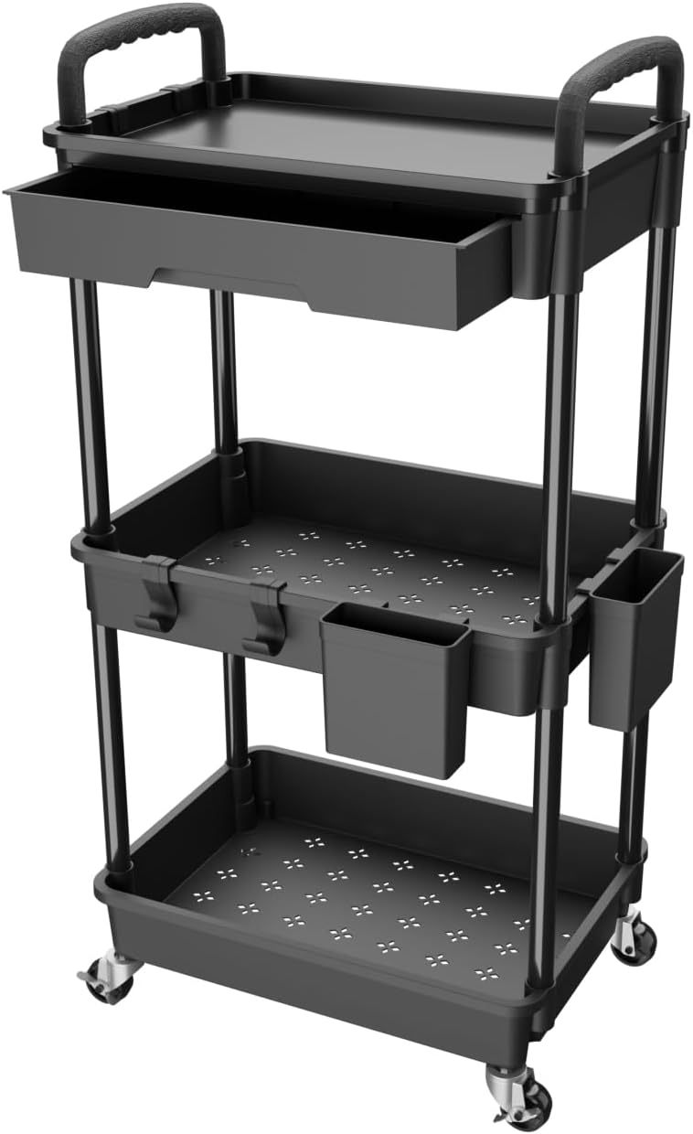 3-Tier Rolling Utility Cart with Drawer, Mobile Storage Organizer