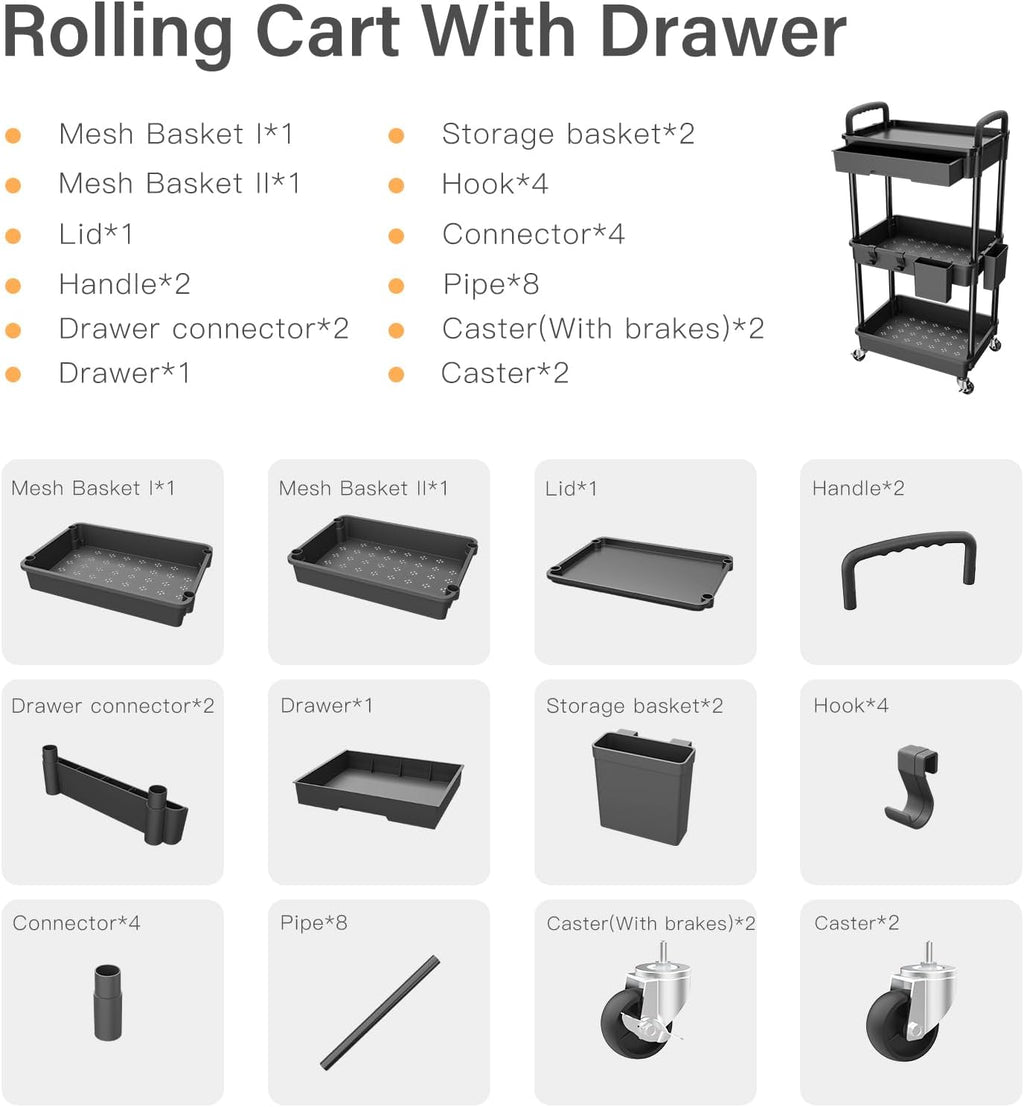 3-Tier Rolling Utility Cart with Drawer, Mobile Storage Organizer