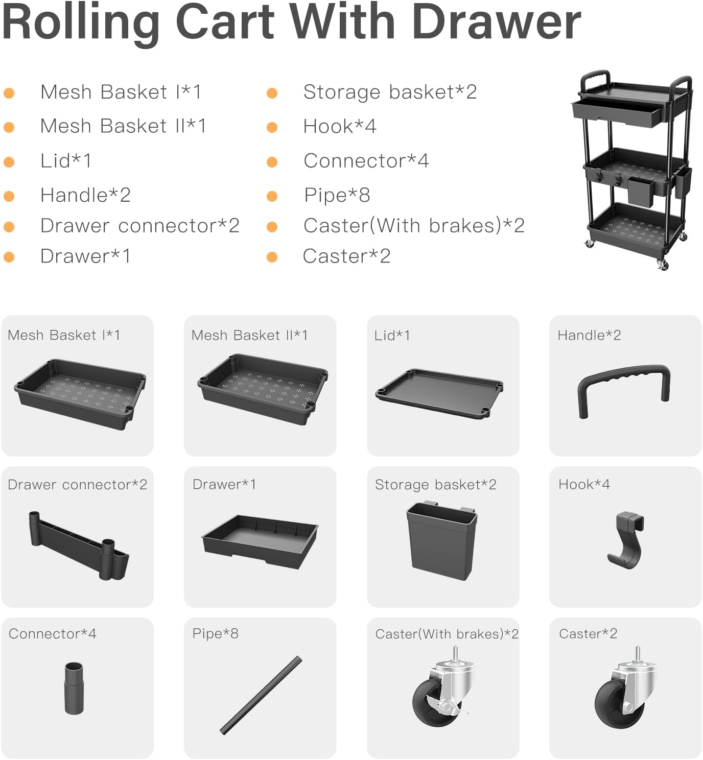3-Tier Rolling Utility Cart with Drawer, Mobile Storage Organizer