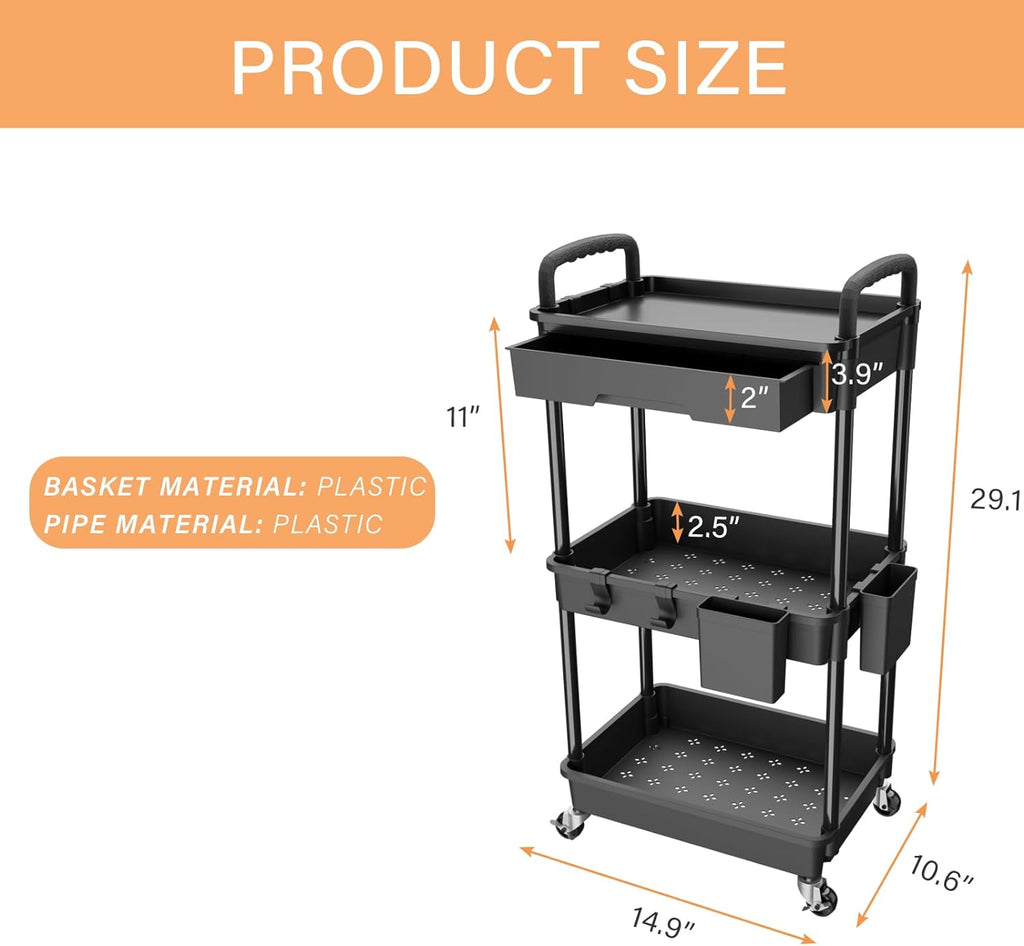 3-Tier Rolling Utility Cart with Drawer, Mobile Storage Organizer