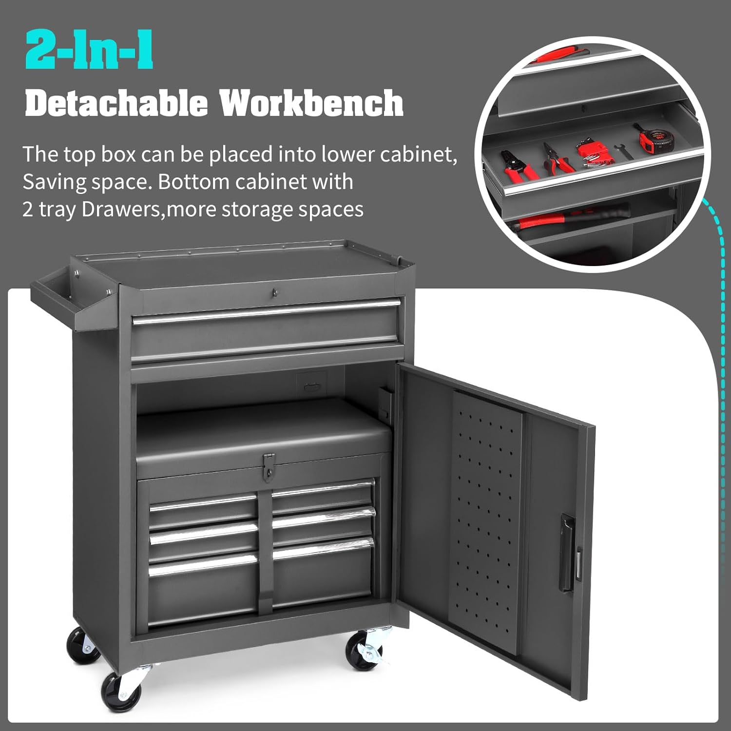 Rolling Tool Chest with Drawers & Lock, Portable Tool Storage Cabinet