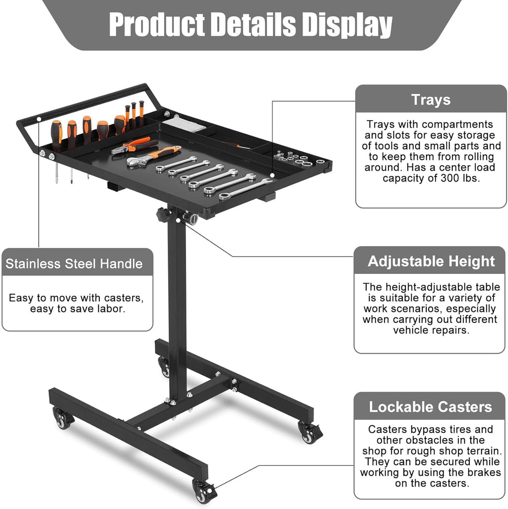 Adjustable Rolling Work Table with Wheels, 300LB Heavy Duty Tool Cart