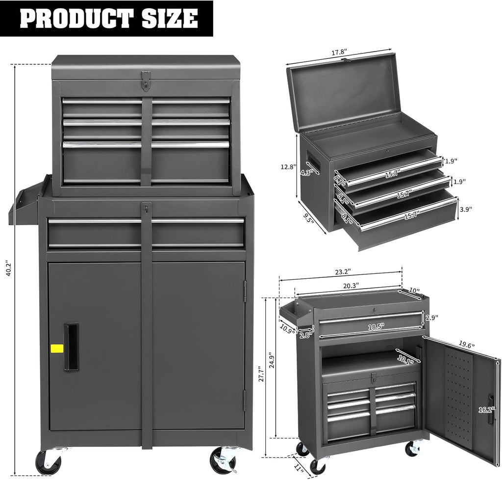 Rolling Tool Chest with Drawers & Lock, Portable Tool Storage Cabinet