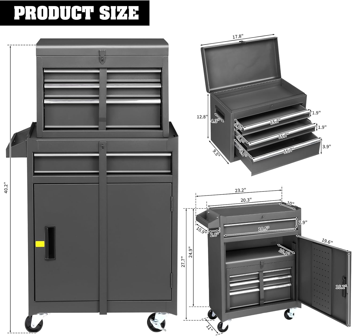 Rolling Tool Chest with Drawers & Lock, Portable Tool Storage Cabinet