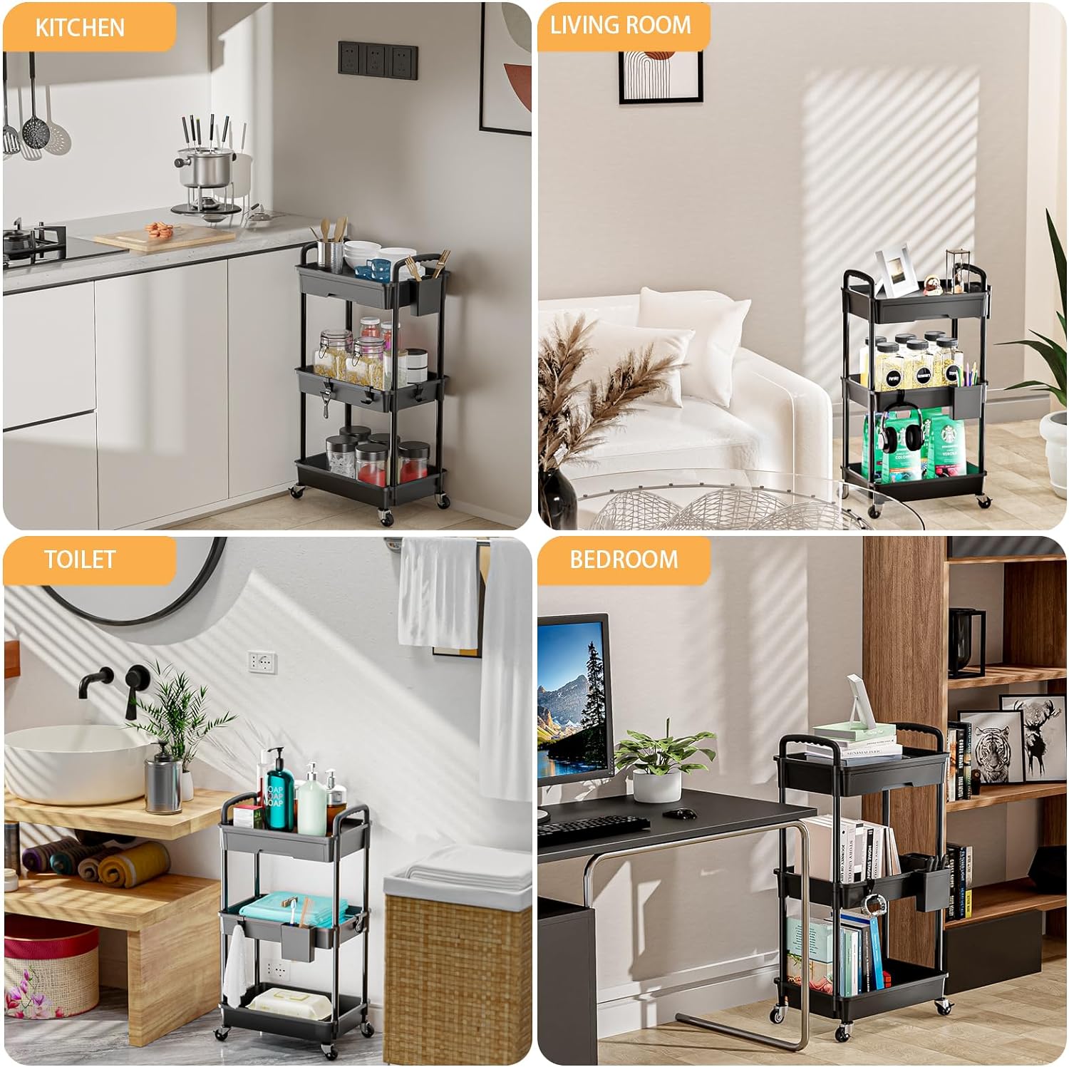 3-Tier Rolling Utility Cart with Drawer, Mobile Storage Organizer