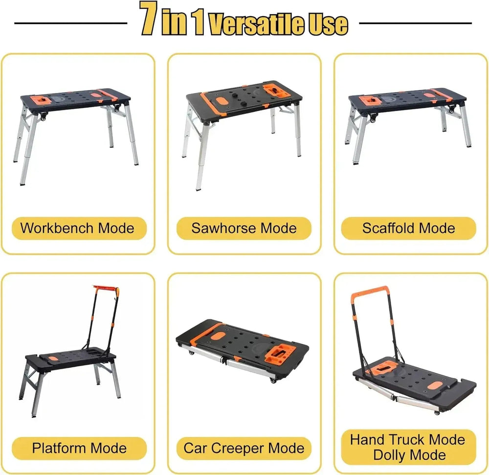 7-in-1 Folding Workbench with Wheels, Portable Multi-Function Work Table