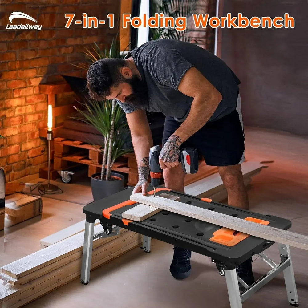 7-in-1 Folding Workbench with Wheels, Portable Multi-Function Work Table